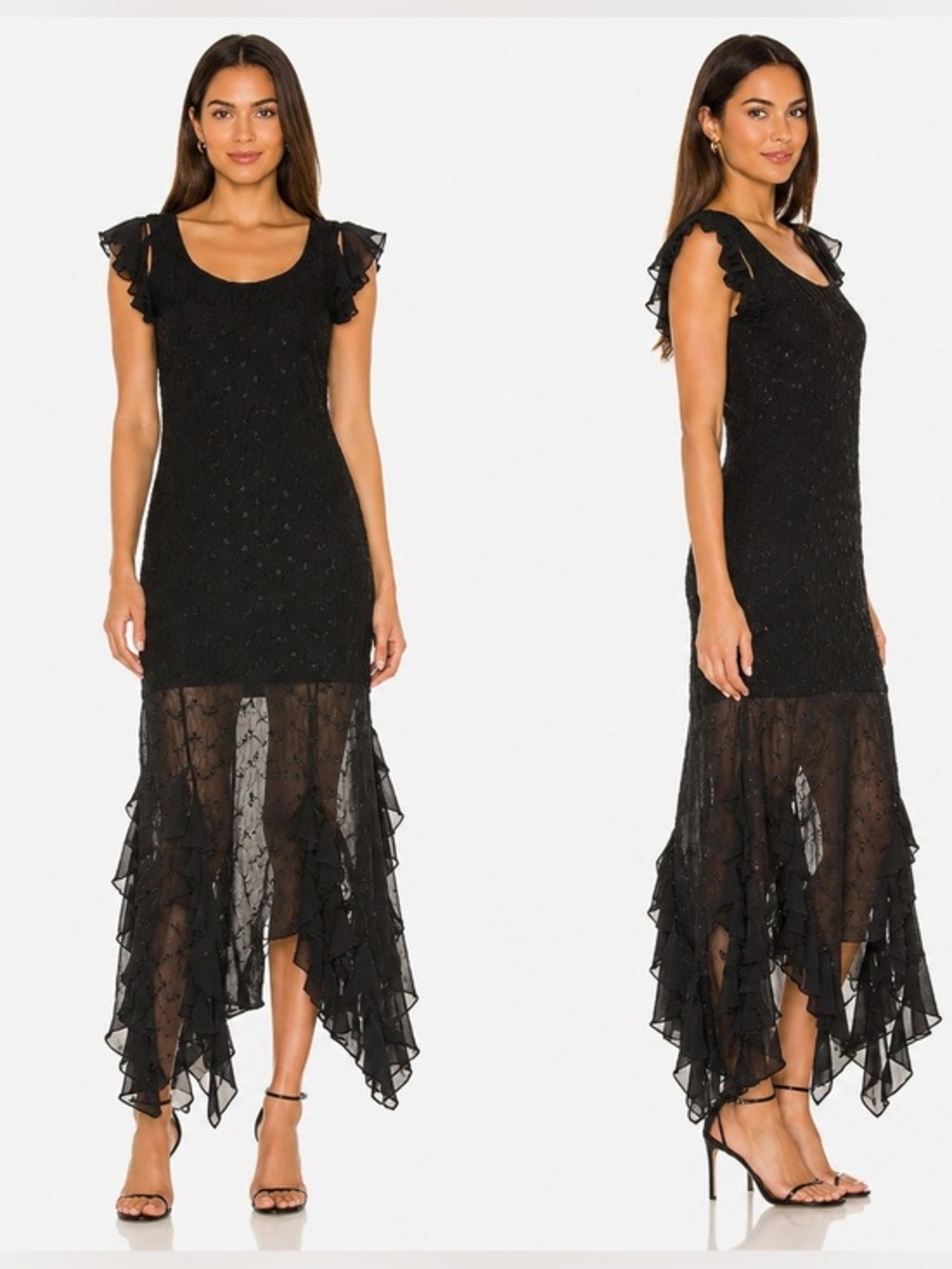 vintage barketti J.Kaur Black Ruffle Hem Evening Dress Sheer Floral Formal Gown